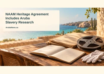 Conceptual editorial illustration of archive folders, a blank notebook, tape reel and preservation gloves beside a Caribbean sea view, with the NAAM research headline and ArubaNews.ca branding.
