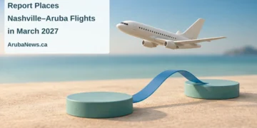 Conceptual editorial illustration of an unbranded model aircraft above teal discs linked by a blue ribbon, with the Nashville–Aruba flights headline and ArubaNews.ca branding; not an airline photograph.