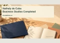 Conceptual editorial illustration of a plain diploma folder, notebook and pencils representing business studies; not a photograph of Nathaly de Cuba.