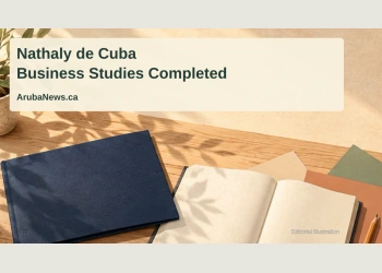 Conceptual editorial illustration of a plain diploma folder, notebook and pencils representing business studies; not a photograph of Nathaly de Cuba.