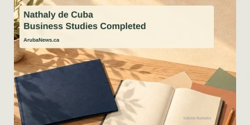 Nathaly de Cuba Completes Business Studies in the Netherlands Conceptual editorial illustration of a plain diploma folder, notebook and pencils representing business studies; not a photograph of Nathaly de Cuba.