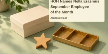 Conceptual editorial still life of a wooden star, unmarked supply box and empty sorting tray, with the article headline and ArubaNews.ca branding; not the employee or actual award.