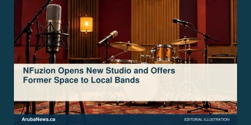 Conceptual editorial illustration of unbranded microphones and drum kit inside a small empty recording room, low angle in warm burgundy and amber, no musicians, letters, recognizable studio or logos. Not a photograph of the reported event.