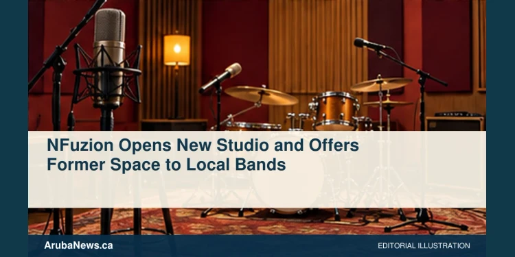 Conceptual editorial illustration of unbranded microphones and drum kit inside a small empty recording room, low angle in warm burgundy and amber, no musicians, letters, recognizable studio or logos. Not a photograph of the reported event.