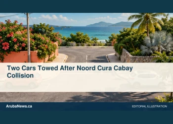 Conceptual editorial illustration: Two generic compact vehicles safely parked far apart beside a quiet tropical T-junction in morning light, coral and pale blue, elevated view. No collision damage, people, plates, logos or actual incident reconstruction. Not a photograph of the actual event, people or location.