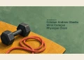 Cristian Andrew Obadia Wins Curaçao Physique Class Conceptual gouache editorial illustration of a plain dark dumbbell and coral training rope on an ochre mat against sage green, with the Cristian Andrew Obadia headline and ArubaNews.ca branding; not Obadia or an actual competition scene.