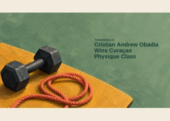 Conceptual gouache editorial illustration of a plain dark dumbbell and coral training rope on an ochre mat against sage green, with the Cristian Andrew Obadia headline and ArubaNews.ca branding; not Obadia or an actual competition scene.
