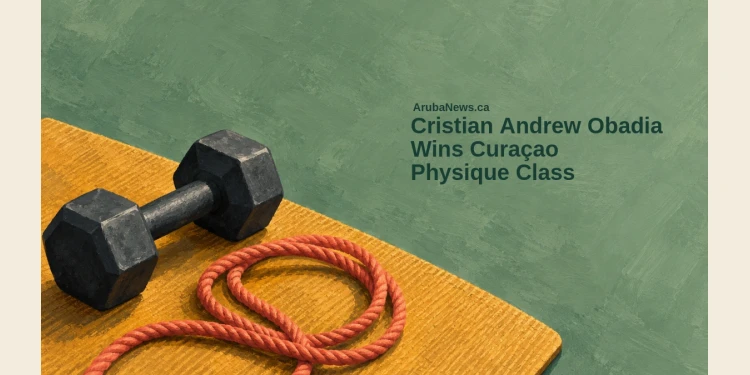 Conceptual gouache editorial illustration of a plain dark dumbbell and coral training rope on an ochre mat against sage green, with the Cristian Andrew Obadia headline and ArubaNews.ca branding; not Obadia or an actual competition scene.