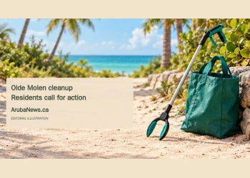 Conceptual editorial illustration of cleanup tools on a generic tropical pathway, not a photograph of the reported litter near Olde Molen.