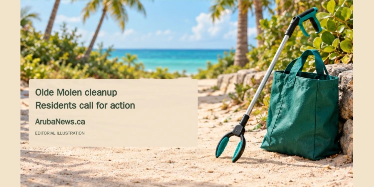 Conceptual editorial illustration of cleanup tools on a generic tropical pathway, not a photograph of the reported litter near Olde Molen.