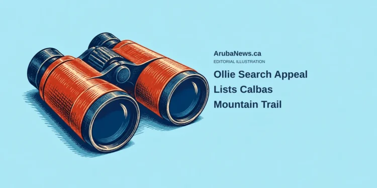 Conceptual woodcut-style illustration of generic binoculars; not Ollie, an actual sighting, search operation or Calbas Mountain Trail.