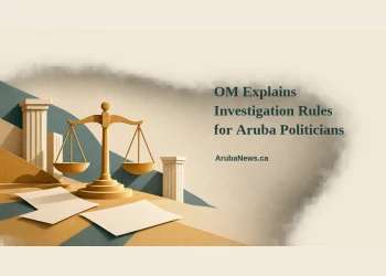 Conceptual editorial illustration of balanced scales, blank papers and generic classical columns in ochre and muted teal, with the investigation-rules headline and ArubaNews.ca branding; not an actual courthouse or case document.
