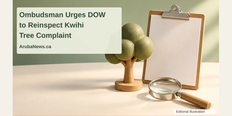 Conceptual editorial illustration of a wooden tree model, blank clipboard and magnifying glass, with the article headline and ArubaNews.ca branding; not the actual disputed tree.