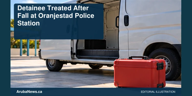 Conceptual editorial illustration of empty transport-van doorway beside a closed first-aid kit on a plain forecourt, daylight, no people, real station, logos, injury or text. Not a photograph of the actual incident or location.