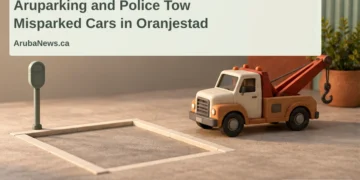 Aruparking and Police Tow Misparked Cars in Oranjestad Conceptual editorial illustration of a model tow truck beside an empty parking bay and unmarked meter, with the Oranjestad towing headline and ArubaNews.ca branding; not an actual enforcement scene.