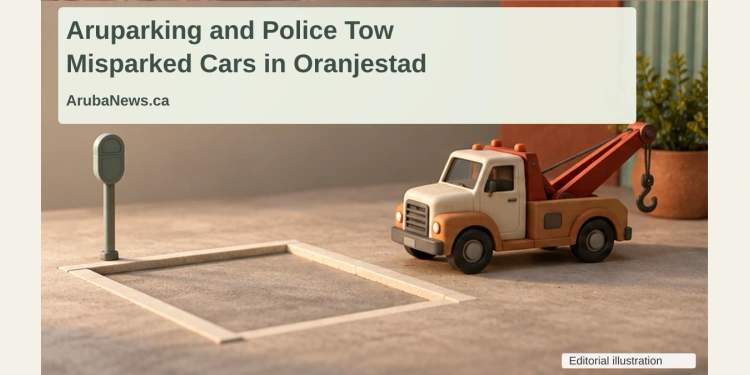 Conceptual editorial illustration of a model tow truck beside an empty parking bay and unmarked meter, with the Oranjestad towing headline and ArubaNews.ca branding; not an actual enforcement scene.