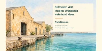 Conceptual editorial illustration of a generic waterfront warehouse; not an approved design or a depiction of a particular Oranjestad building.