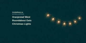 Conceptual pointillist illustration of a curved strand of warm fairy lights on midnight teal; not the actual Oranjestad West roundabout or installed Christmas display.