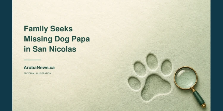 Conceptual editorial illustration of an embossed pawprint and magnifying glass on sage paper, with the missing dog Papa search headline and ArubaNews.ca branding; not a photograph of the missing pet.