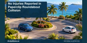 Conceptual editorial illustration: Two generic compact cars parked safely apart near a small tropical roundabout in daylight, blue and amber palette, high angle. No collision reconstruction, damage, people, plates, signs or logos. Not a photograph of the actual event, people or location.
