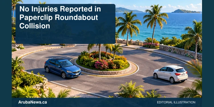 Conceptual editorial illustration: Two generic compact cars parked safely apart near a small tropical roundabout in daylight, blue and amber palette, high angle. No collision reconstruction, damage, people, plates, signs or logos. Not a photograph of the actual event, people or location.
