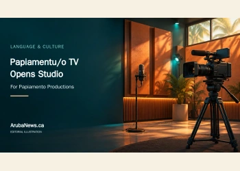 Conceptual editorial illustration of an empty television production studio with a microphone and camera; not a photograph of the Papiamentu/o TV facilities.