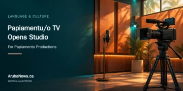 Papiamentu/o TV Opens Studio for Papiamento Productions Conceptual editorial illustration of an empty television production studio with a microphone and camera; not a photograph of the Papiamentu/o TV facilities.