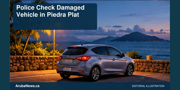 Conceptual editorial illustration: A generic compact car parked safely beside a calm Caribbean road before dawn, warm street lighting, muted blue and amber, no damage, occupants, police markings or actual incident reconstruction. Not a photograph of the actual people, event or location.