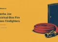 Conceptual screenprint editorial illustration of a coiled fire hose and closed unmarked electrical cabinet beside the Piranha Joe headline; not the actual business, fire or damaged equipment.