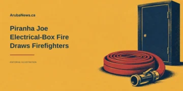 Conceptual screenprint editorial illustration of a coiled fire hose and closed unmarked electrical cabinet beside the Piranha Joe headline; not the actual business, fire or damaged equipment.