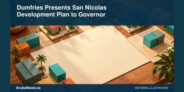 Dumfries Presents San Nicolas Development Plan to Governor Conceptual editorial illustration: Conceptual planning table with blank cream paper, simple colored blocks and small generic Caribbean houses, warm terracotta and turquoise, overhead view, not an actual proposed project design, no lettering or logos. Not a photograph of the actual event, people or location.