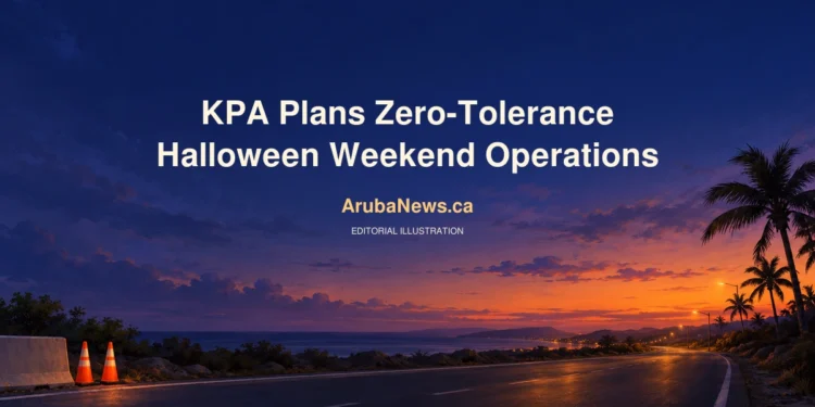 Editorial illustration of an empty Caribbean road at dusk with traffic cones, a Halloween-weekend preventive-operations headline and ArubaNews.ca branding.