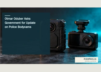 Conceptual editorial illustration of unbranded body-worn and dashboard cameras on a plain surface; not an image of Aruba police equipment.