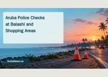 Conceptual editorial illustration of traffic cones beside a tropical coastal road at dusk, with distant anonymous vehicles and a headline about Aruba police checks; not a photograph of the reported checks.