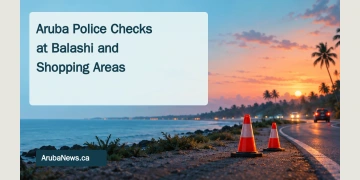 Conceptual editorial illustration of traffic cones beside a tropical coastal road at dusk, with distant anonymous vehicles and a headline about Aruba police checks; not a photograph of the reported checks.