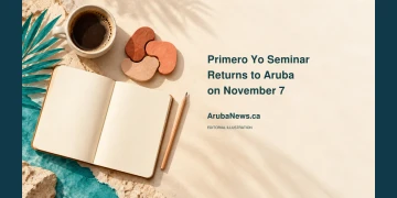 Conceptual editorial illustration of a blank notebook, pencil, coffee and interlocking shapes, with the seminar headline and ArubaNews.ca branding.