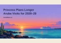Conceptual editorial illustration of a generic passenger ship on Caribbean water at sunset, with a rocky cactus shoreline, the headline and ArubaNews.ca branding; not a photograph of a specific vessel or port.