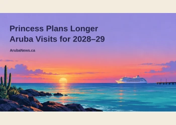 Conceptual editorial illustration of a generic passenger ship on Caribbean water at sunset, with a rocky cactus shoreline, the headline and ArubaNews.ca branding; not a photograph of a specific vessel or port.