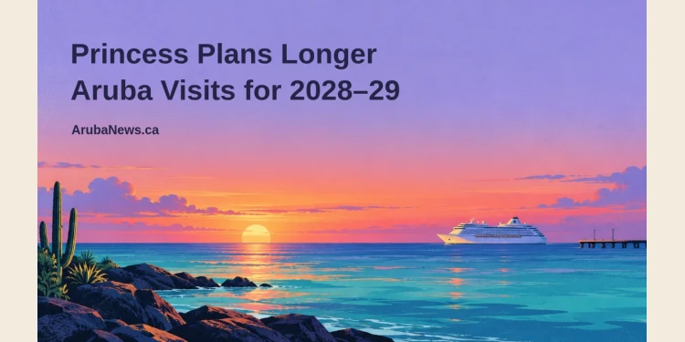 Conceptual editorial illustration of a generic passenger ship on Caribbean water at sunset, with a rocky cactus shoreline, the headline and ArubaNews.ca branding; not a photograph of a specific vessel or port.