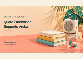 Editorial illustration of school books, a small classroom speaker and community donation tokens; not a photograph of the Quota fundraiser.