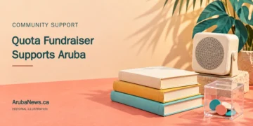 Editorial illustration of school books, a small classroom speaker and community donation tokens; not a photograph of the Quota fundraiser.
