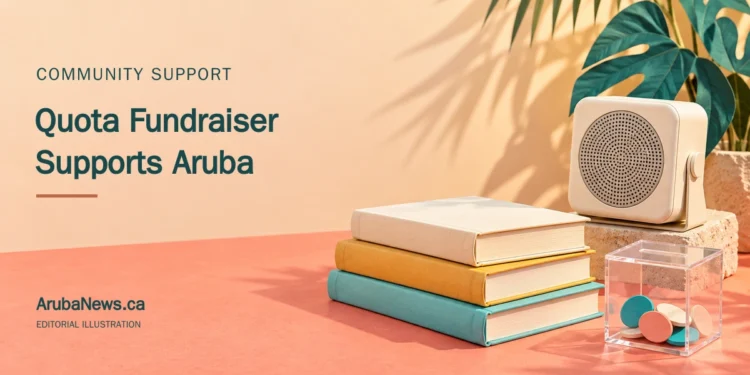 Quota Club Aruba Fundraiser Sells Out for Community Projects Editorial illustration of school books, a small classroom speaker and community donation tokens; not a photograph of the Quota fundraiser.
