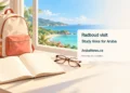 Conceptual editorial illustration of a notebook and backpack beside a coastal window, representing preparation for university study.