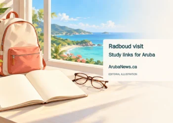 Conceptual editorial illustration of a notebook and backpack beside a coastal window, representing preparation for university study.