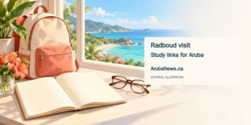 Conceptual editorial illustration of a notebook and backpack beside a coastal window, representing preparation for university study.