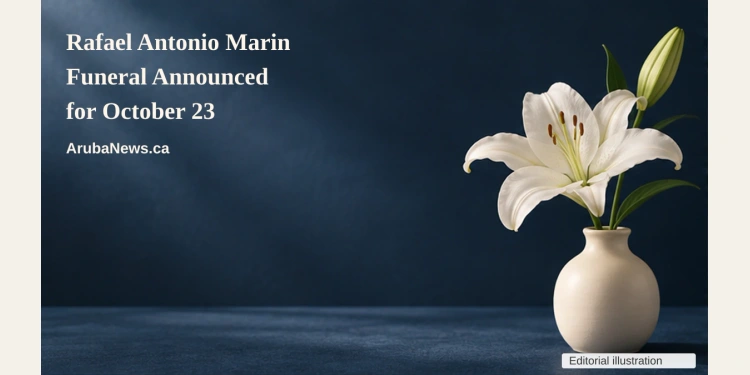 Rafael Antonio Marin Funeral Announced for October 23 Conceptual memorial illustration of a white lily in a plain cream vase on a midnight-blue tabletop, with the article headline and ArubaNews.ca branding; no portrait or documentary scene.