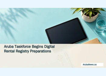Editorial illustration of an unmarked tablet, keys and folder on an aqua desk, representing a proposed digital rental registry.