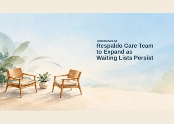 Conceptual watercolor editorial illustration of two empty consultation chairs and a potted plant, with the Respaldo care team headline and ArubaNews.ca branding; not a real clinic or patient scene.