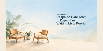 Conceptual watercolor editorial illustration of two empty consultation chairs and a potted plant, with the Respaldo care team headline and ArubaNews.ca branding; not a real clinic or patient scene.