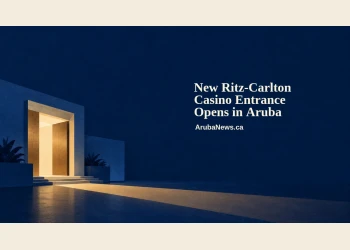 Conceptual editorial illustration of a generic illuminated doorway, indigo architectural shapes and a warm light beam, with the entrance-opening headline and ArubaNews.ca branding; not a depiction of the actual Ritz-Carlton entrance.